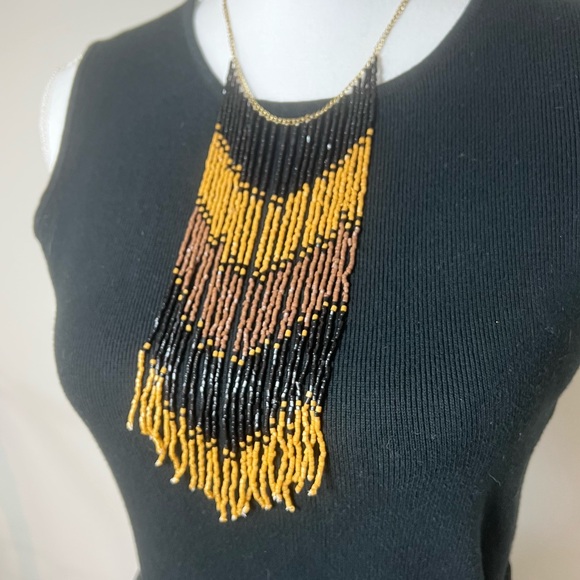 Jewelry - Handmade Artisan Ombre Seed Bead Necklace Bohemian Fringe Black/Brown/Yellow ✨🤎
